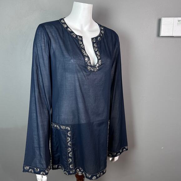 Tory Burch top tunic size 14 NWT blue beaded coverup cotton India boho - Picture 2 of 12